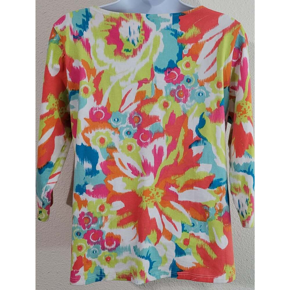 Ruby Rd. White Multi Color Abstract Print Top Small Rhinestones Soft Lightweight - Picture 3 of 4